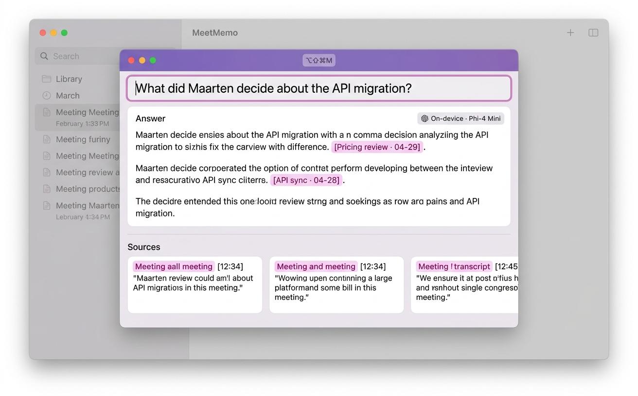 Spotlight-style Ask palette searching meetings on-device