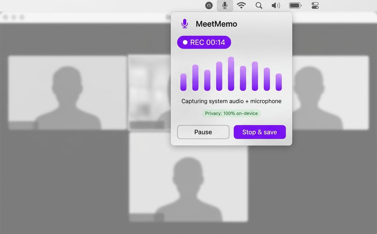 MeetMemo menu-bar dropdown recording a Zoom meeting